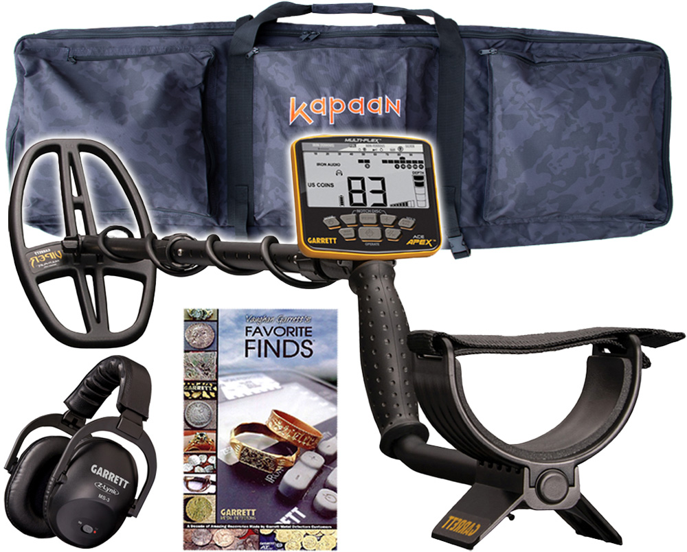 Garrett Ace Apex metaaldetector + MS-3 hoofdtelefoon + Kapaan Big Camo draagtas + Favourite Finds boek